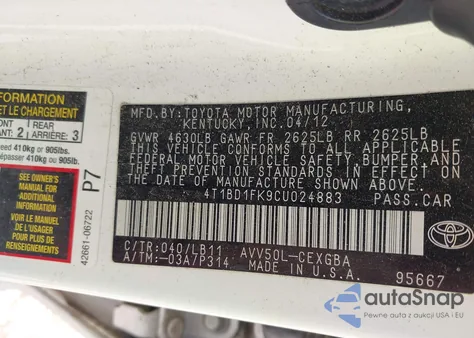 2012 Toyota Camry Hybrid Xle from USA, damaged, VIN 4T1BD1FK9CU024883